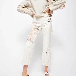 Free People White Straight-Leg Jeans with Pastel Floral Embroidery